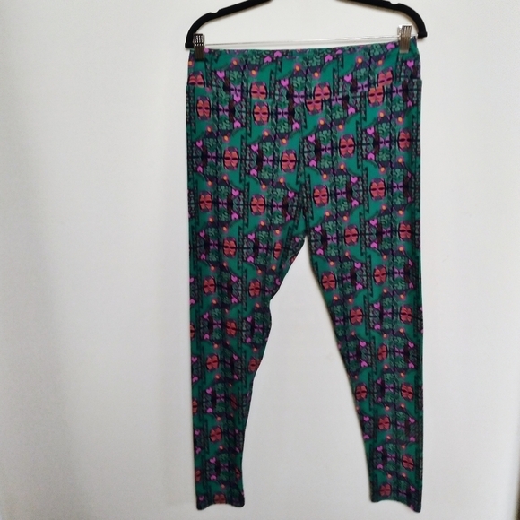 Lularoe Green Red and Pink Abstract Print Tall & Curvy Leggings - Picture 1 of 8